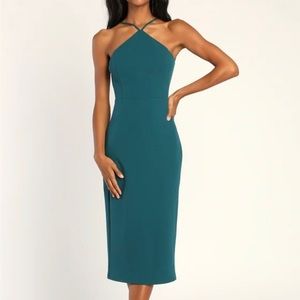 Gorgeous Evening Teal Blue Backless Halter Midi Dress